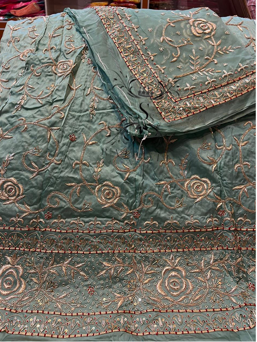 Bember Satin and Thakurgi Pure Bridal wedding Kundan dabka work Rajputi Poshak In Light Green Color-81954