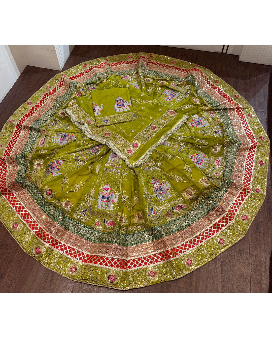 7 Miter full Gher Georgette Premium quality Bridal Rajputi Poshak In Green color-91447