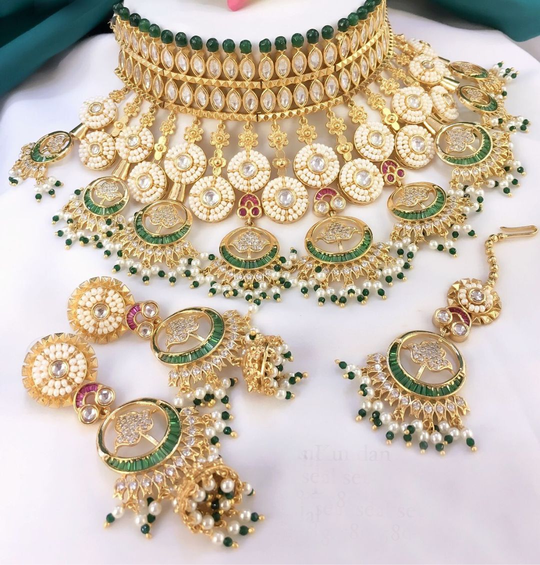 Golden and White Beads Studded Handcrafted Brass Kundan Bridal Jewellery Set-81403