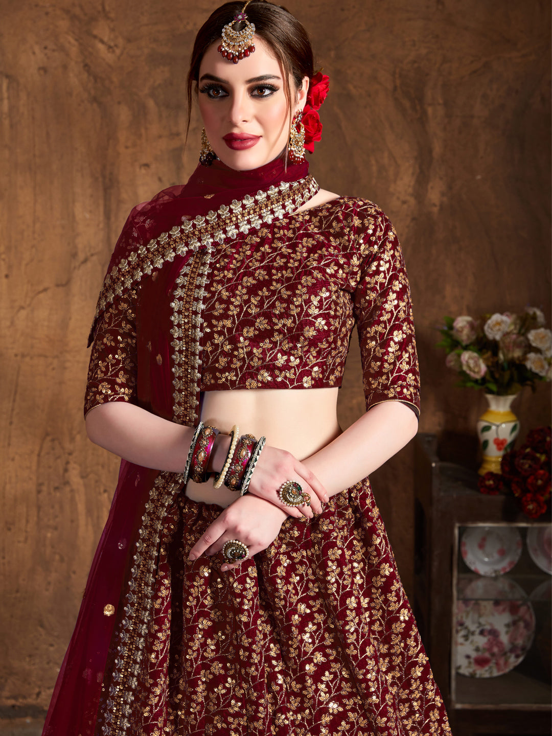 Raw Silk Engagement Sangeet Lehenga with Embroidered work in Maroon color-82102
