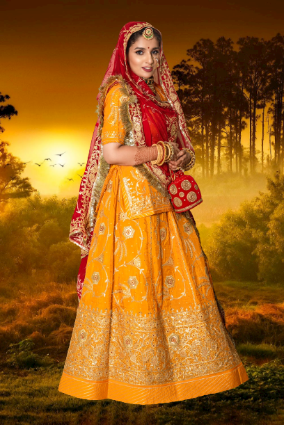 Jari with kundan Pure Upadda Silk Traditional semi Stitched Rajputi Poshak In Yellow
