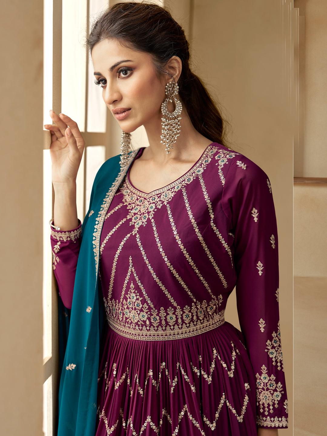 Embroidered Georgette Free Size Sharara style Salwar Kameez in Purple Color-71049