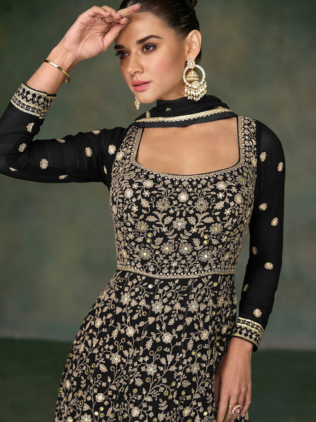 Women Georgette Silk Mirror Anarkali Gown & Dupatta Set-750032