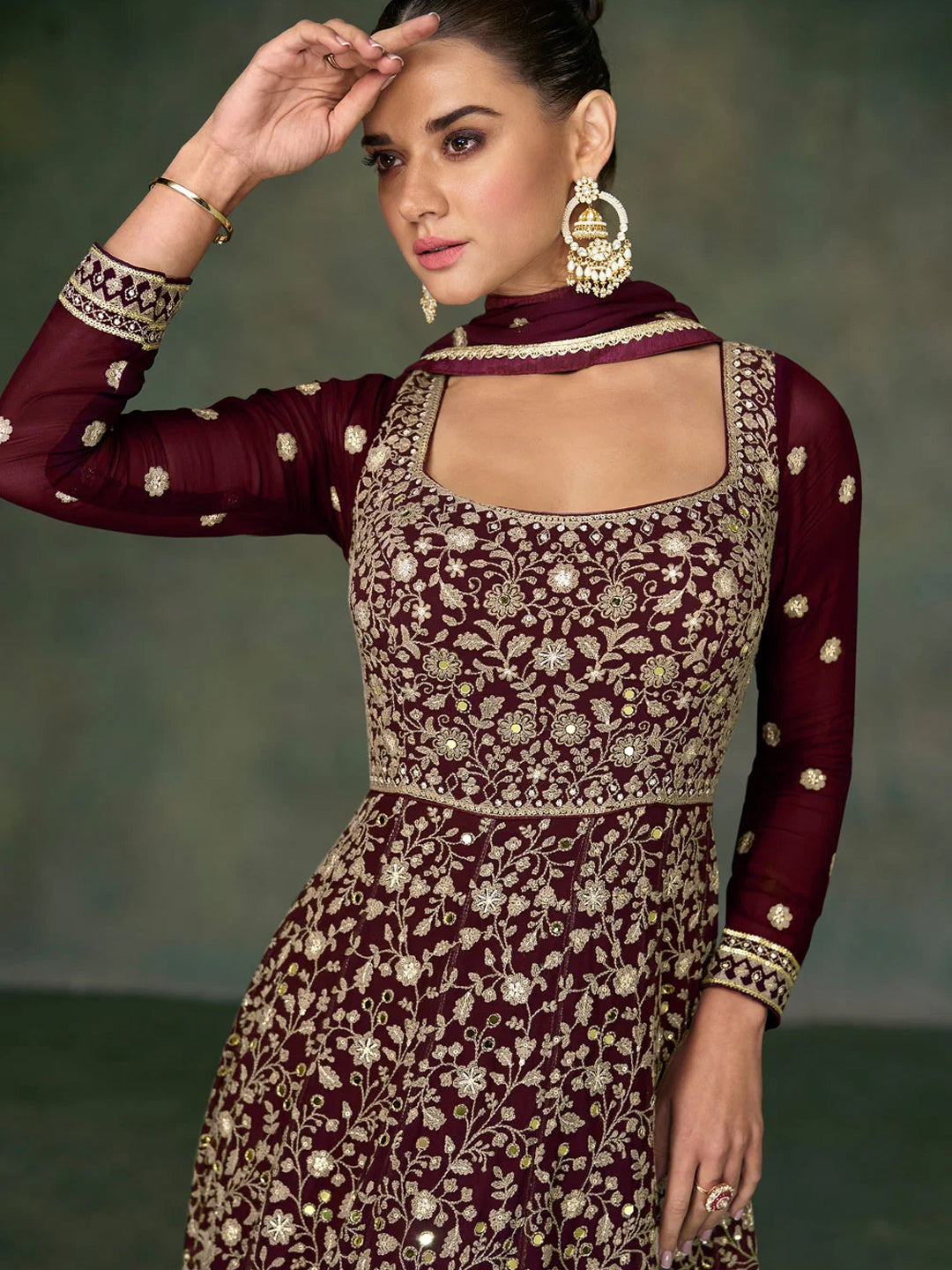 Women Georgette Silk Mirror Anarkali Gown & Dupatta Set-750033