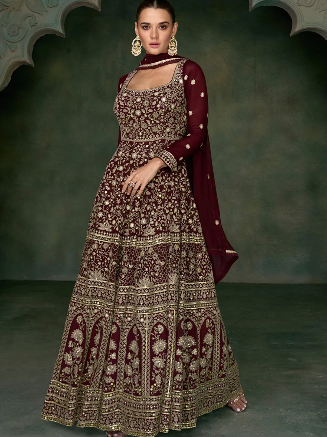 Women Georgette Silk Mirror Anarkali Gown & Dupatta Set-750033