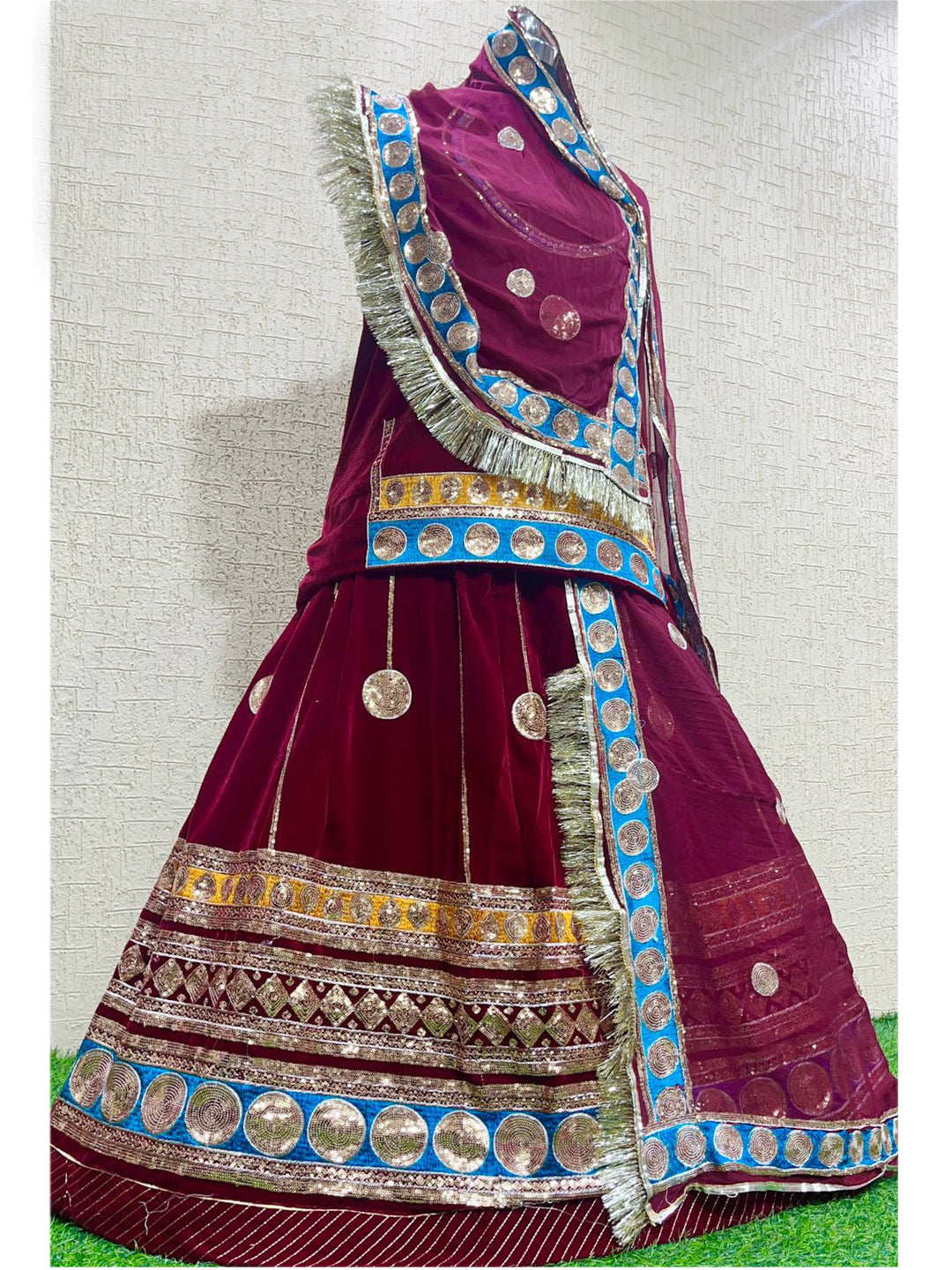 Velvet wedding Sangeet Sequence work Rajputi Poshak In Red Color-82016