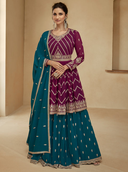 Embroidered Georgette Free Size Sharara style Salwar Kameez in Purple Color-71049