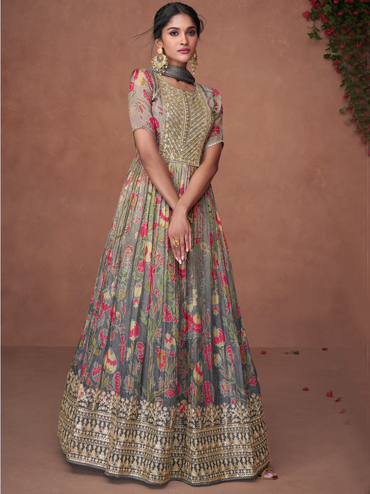 Sequence Pure Organza Silk Free Size Gown style Salwar Kameez in Grey-71044