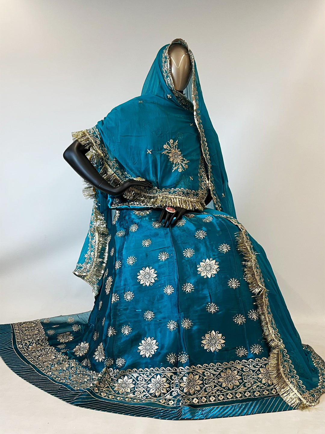 10 Kali Jimmi Choo Receiption Wedding Rajputi Poshak with Serski Work in Blue color-91416