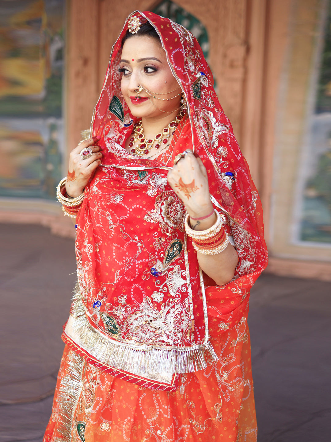 Bandhani Royal Pure 4 mtr full Gher Rajputi Poshak In Orange Color-91308