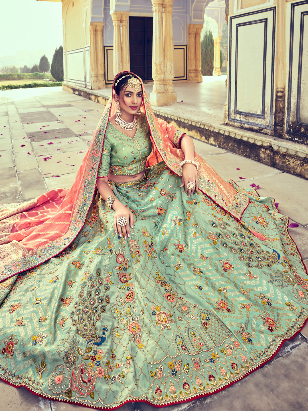 Embroidered Silk Jacquard Wedding Lehenga in Green