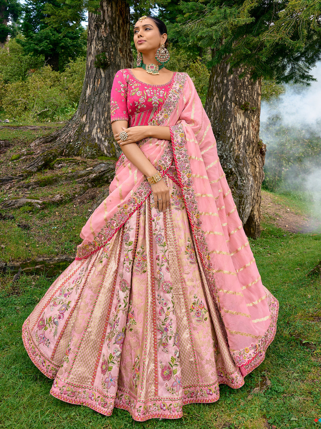 Silk Wedding Lehenga with Zari work in Pink and Majenta-81682