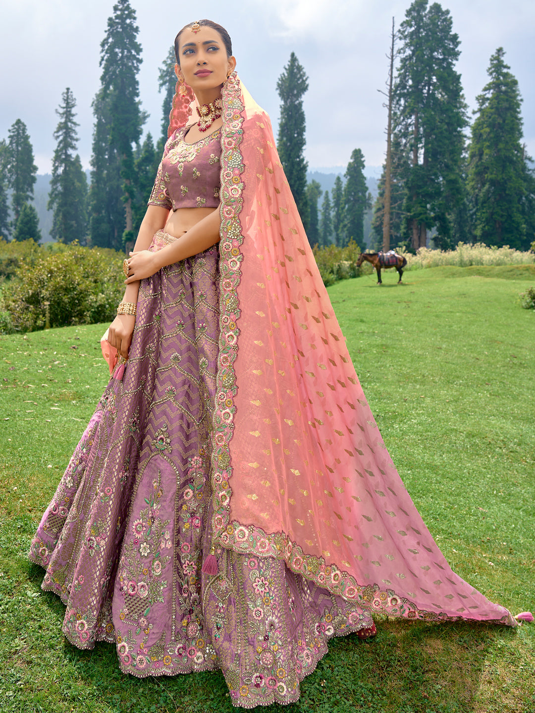 Silk Wedding Lehenga with Zari work in Purple-81684