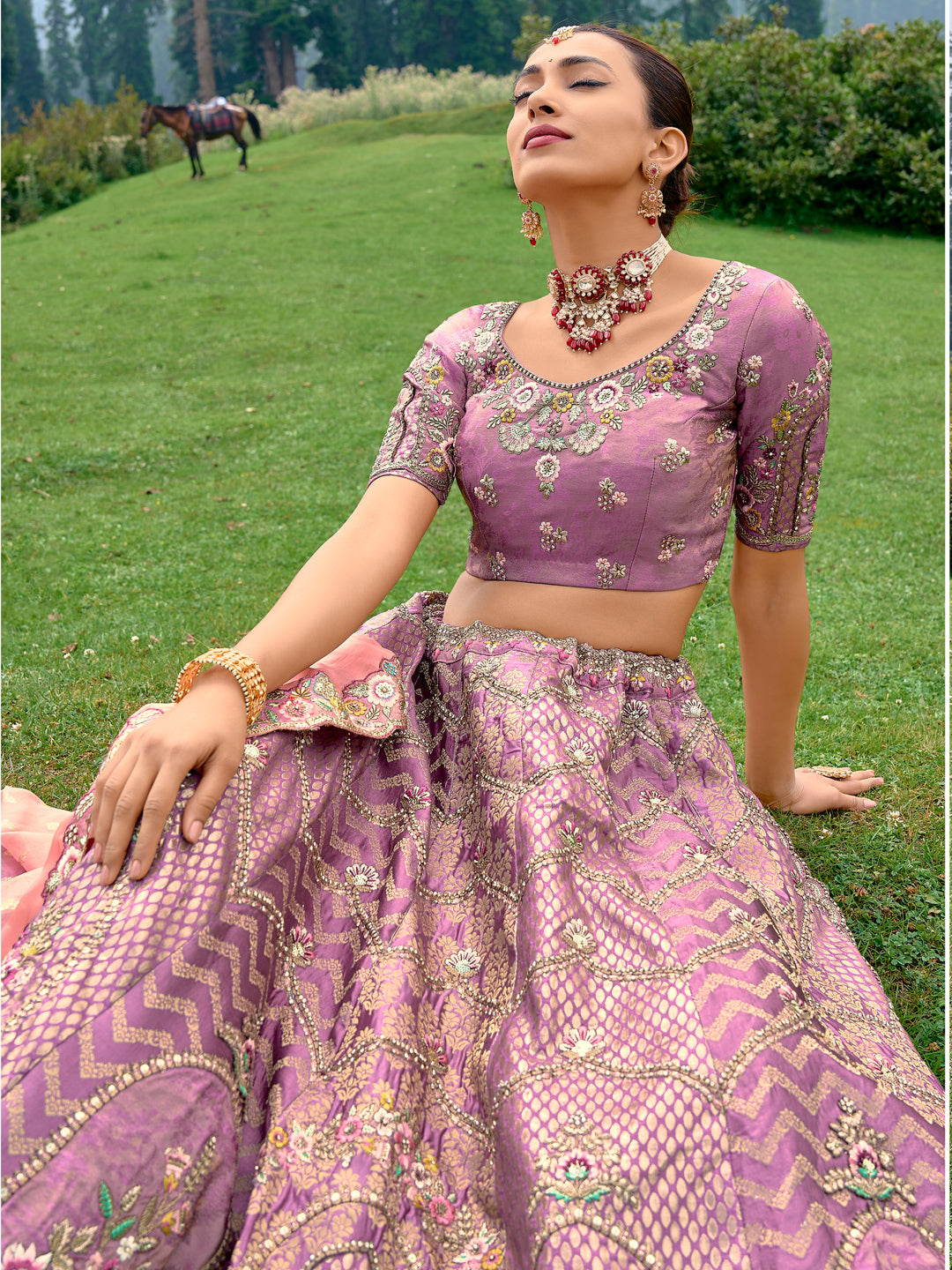 Silk Wedding Lehenga with Zari work in Purple-81684