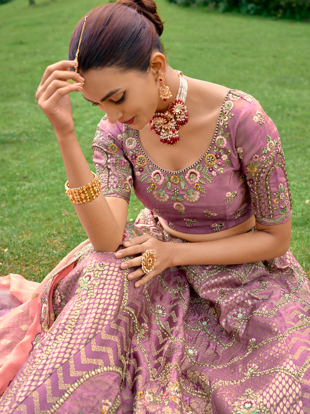 Silk Wedding Lehenga with Zari work in Purple-81684