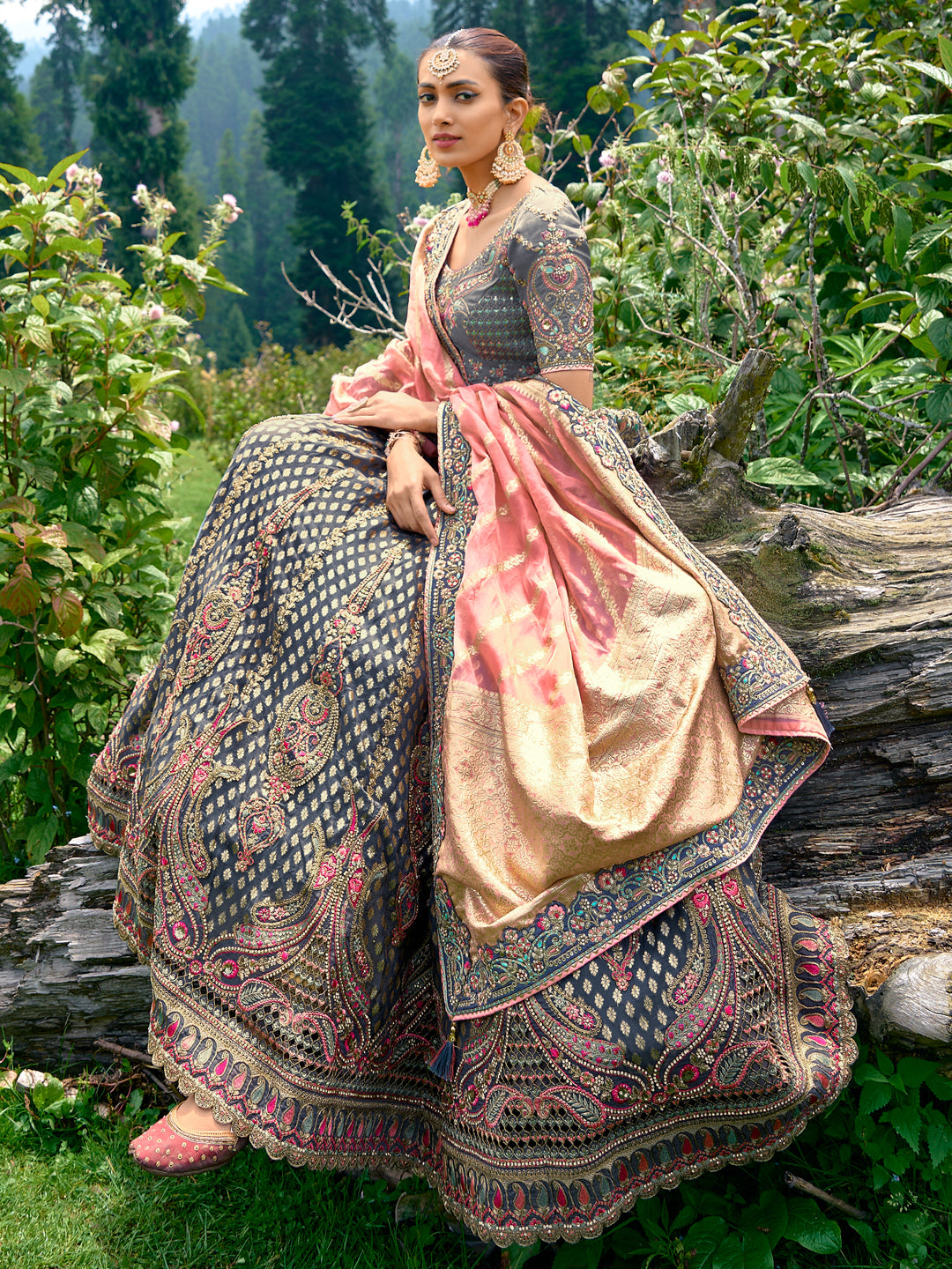 Silk Wedding Lehenga with Zari work in Grey-81685