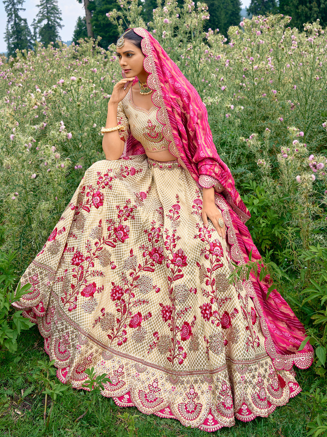 Silk Wedding Lehenga with Zari work in off white-81690