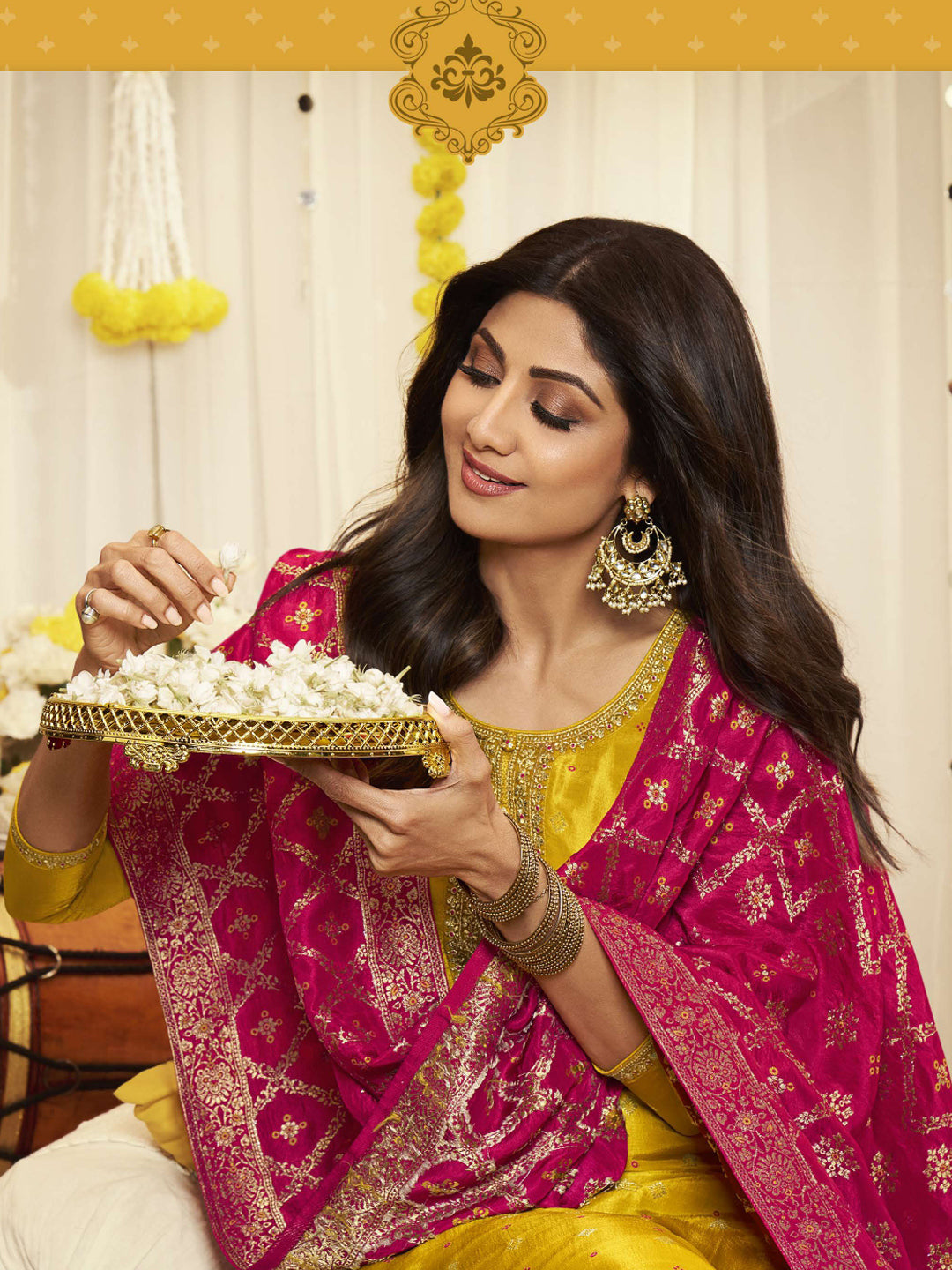 Meena Work Pure Viscose Dola Jacquard Hald and Sangeet Salwar Kameez in Yellow Color-81606