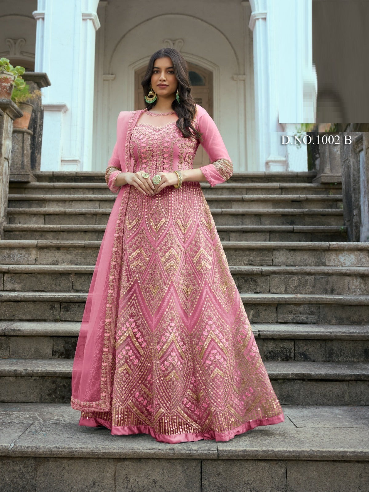 Embroidered Net Abaya Style Suit in Pink