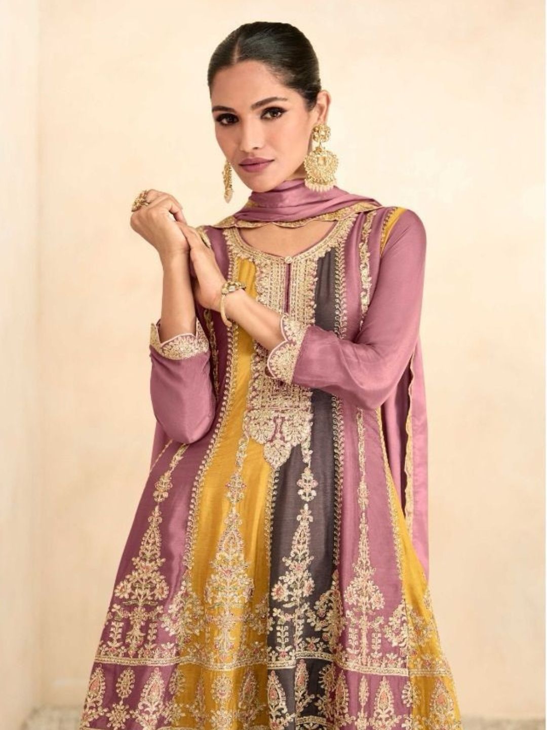 Embroidered Chinon Punjabi Readymade Suit in Beige