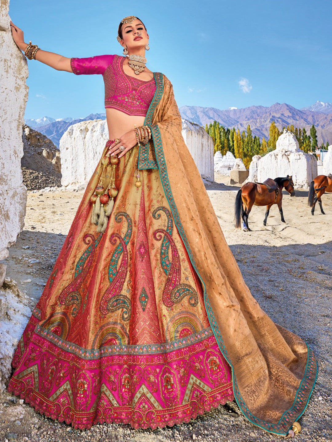 Pink and gold bridal lehenga best sale