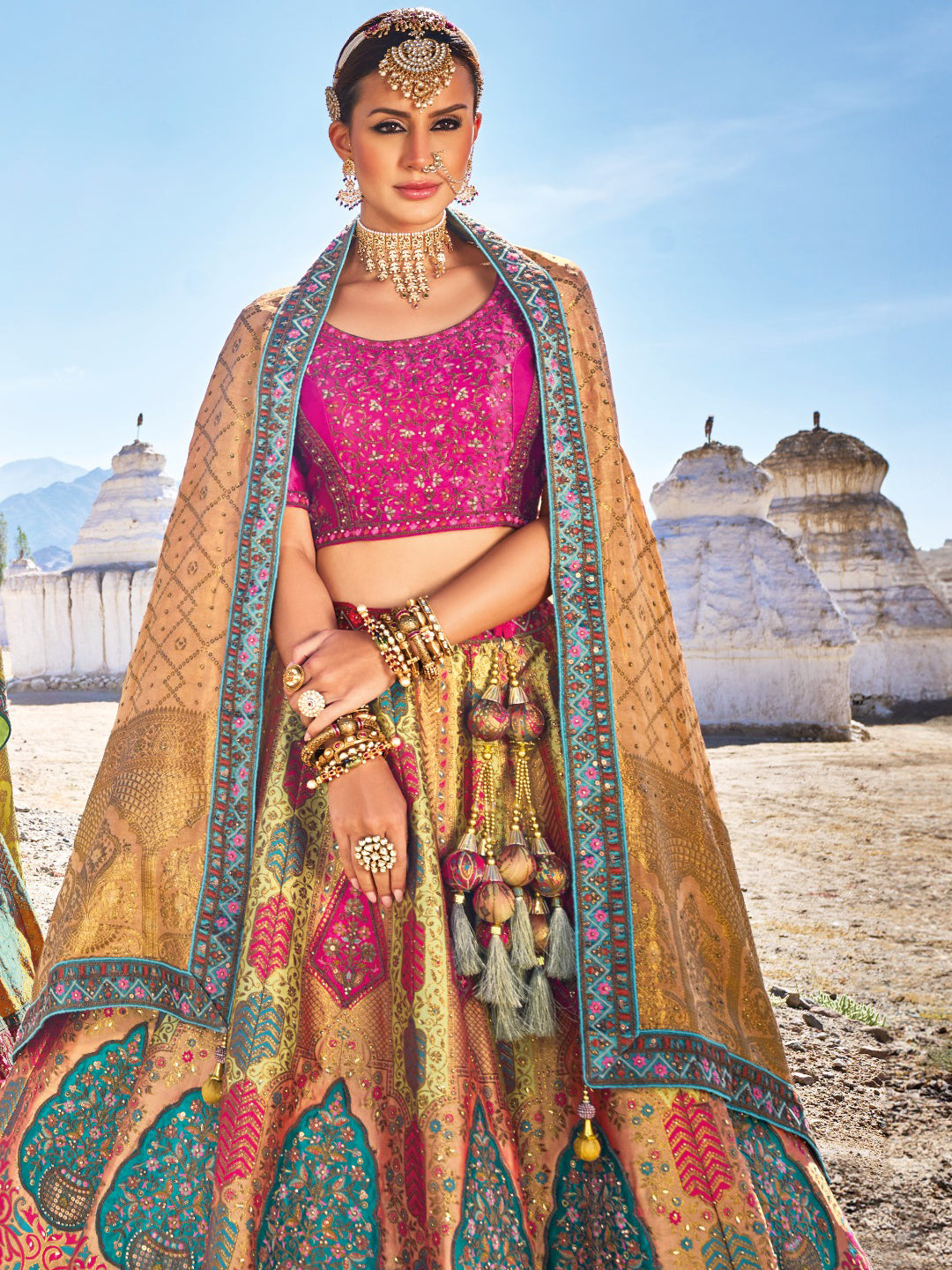Banarasi Silk Bridal Lehenga with Sequence work in Pink and Grey-81695