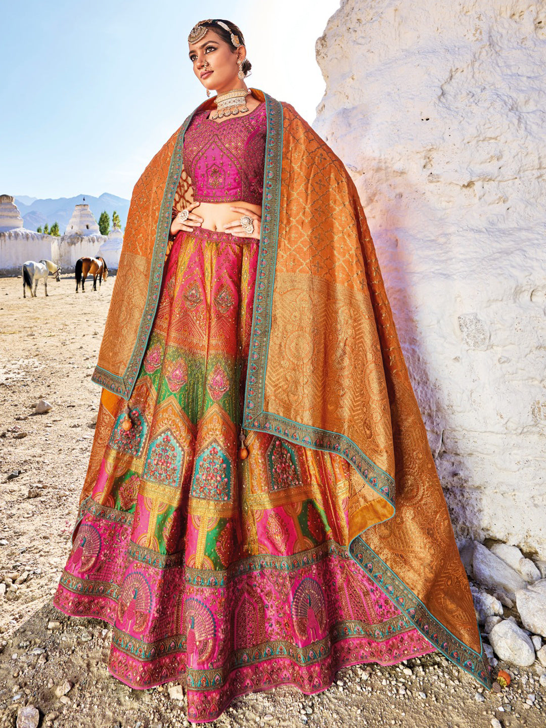 Banarasi Silk Bridal Lehenga with Sequence work in Pink and Yellow-81696