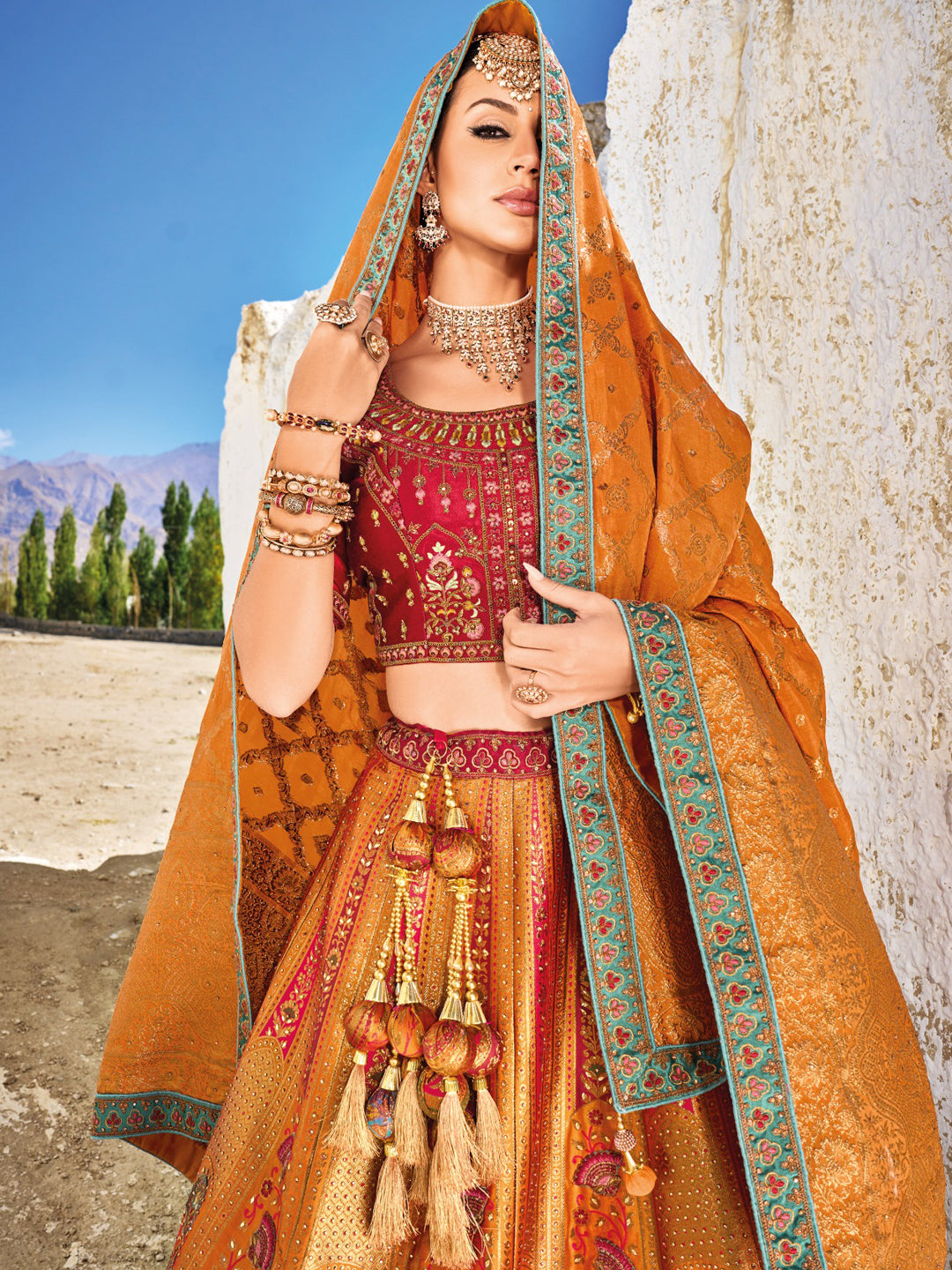 Banarasi Silk Bridal Lehenga with Sequence work in Red and Gold-81700