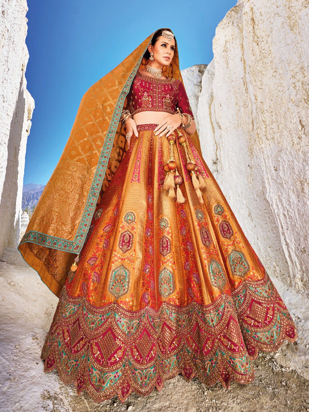 Banarasi Silk Bridal Lehenga with Sequence work in Red and Gold-81700