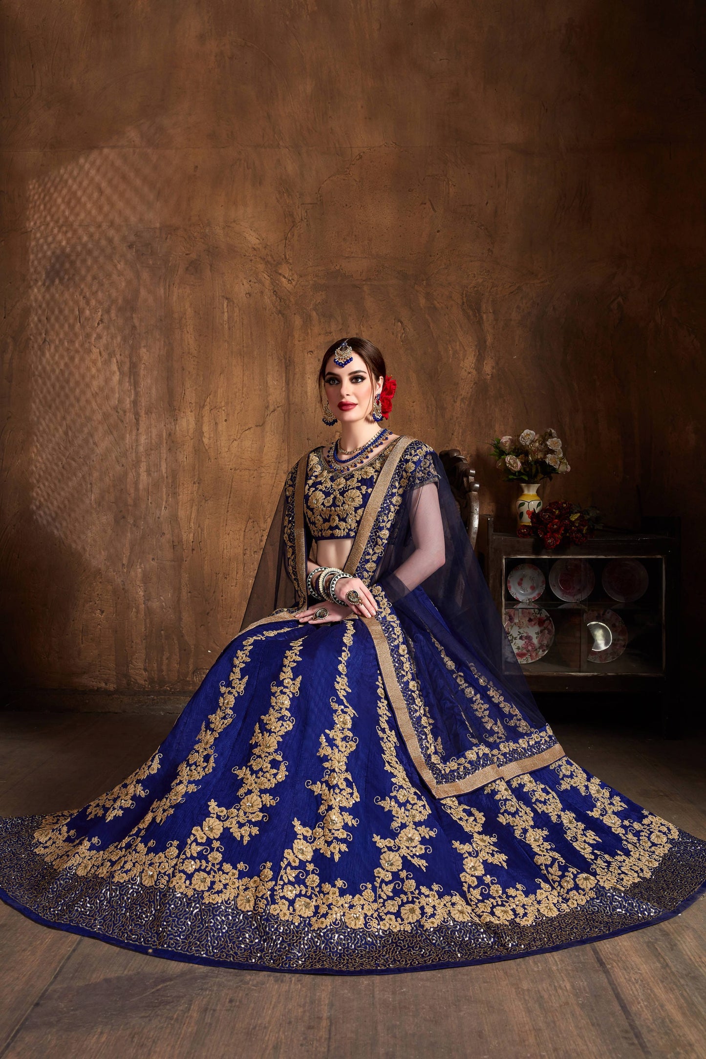 Raw Silk Engagement Sangeet Lehenga with Embroidered work in Blue color-82107