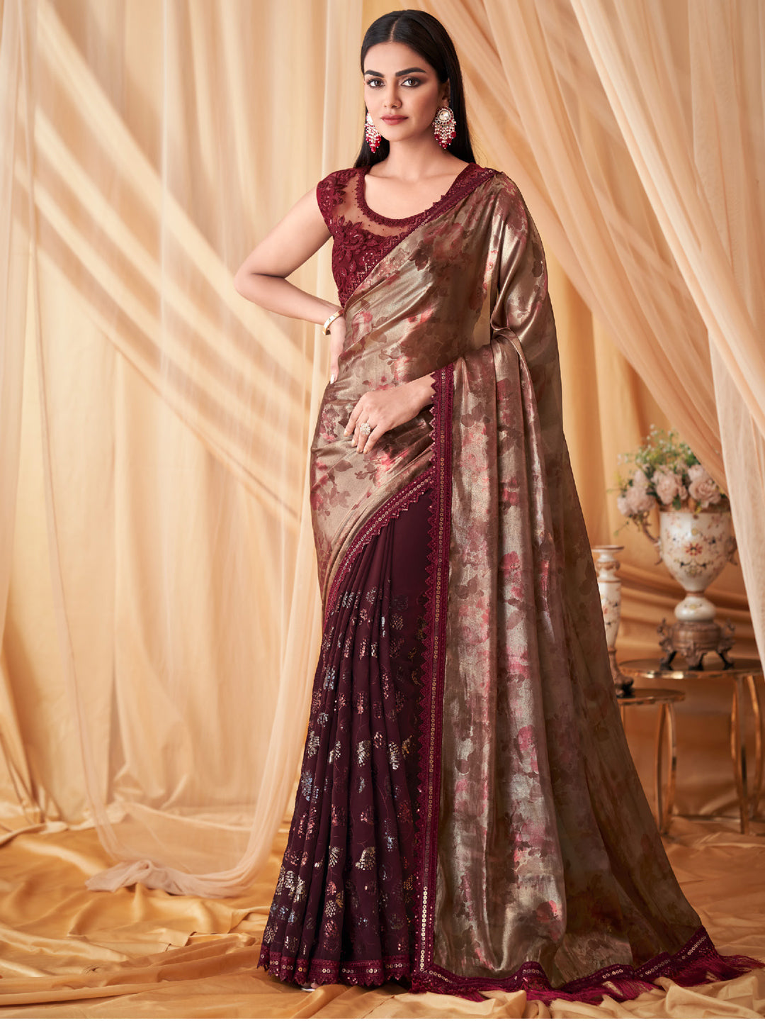 Embroidered Shimmer Georgette Silk Partywear Traditional Saree In Purple Color-81514