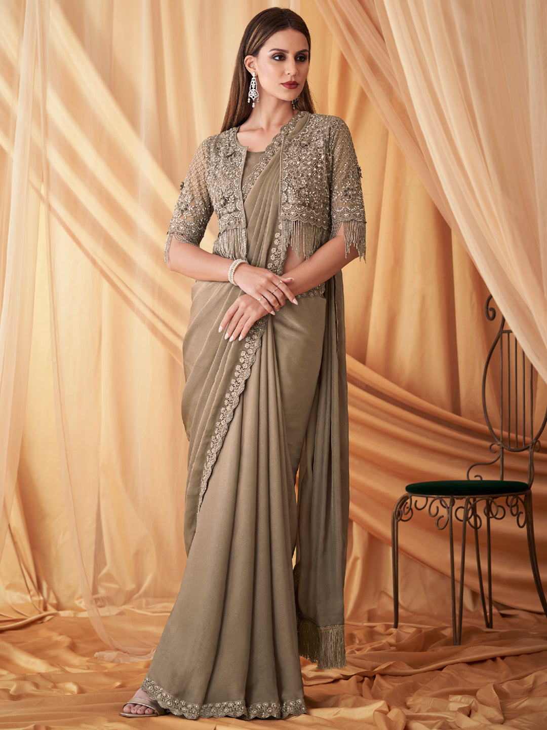 Embroidered Shimmer Georgette Silk Partywear Traditional Saree In Gold Saundaryam Fashions Embroidered Shimmer Georgette Silk Partywear Traditional Saree In Gold Saundaryam Fashions