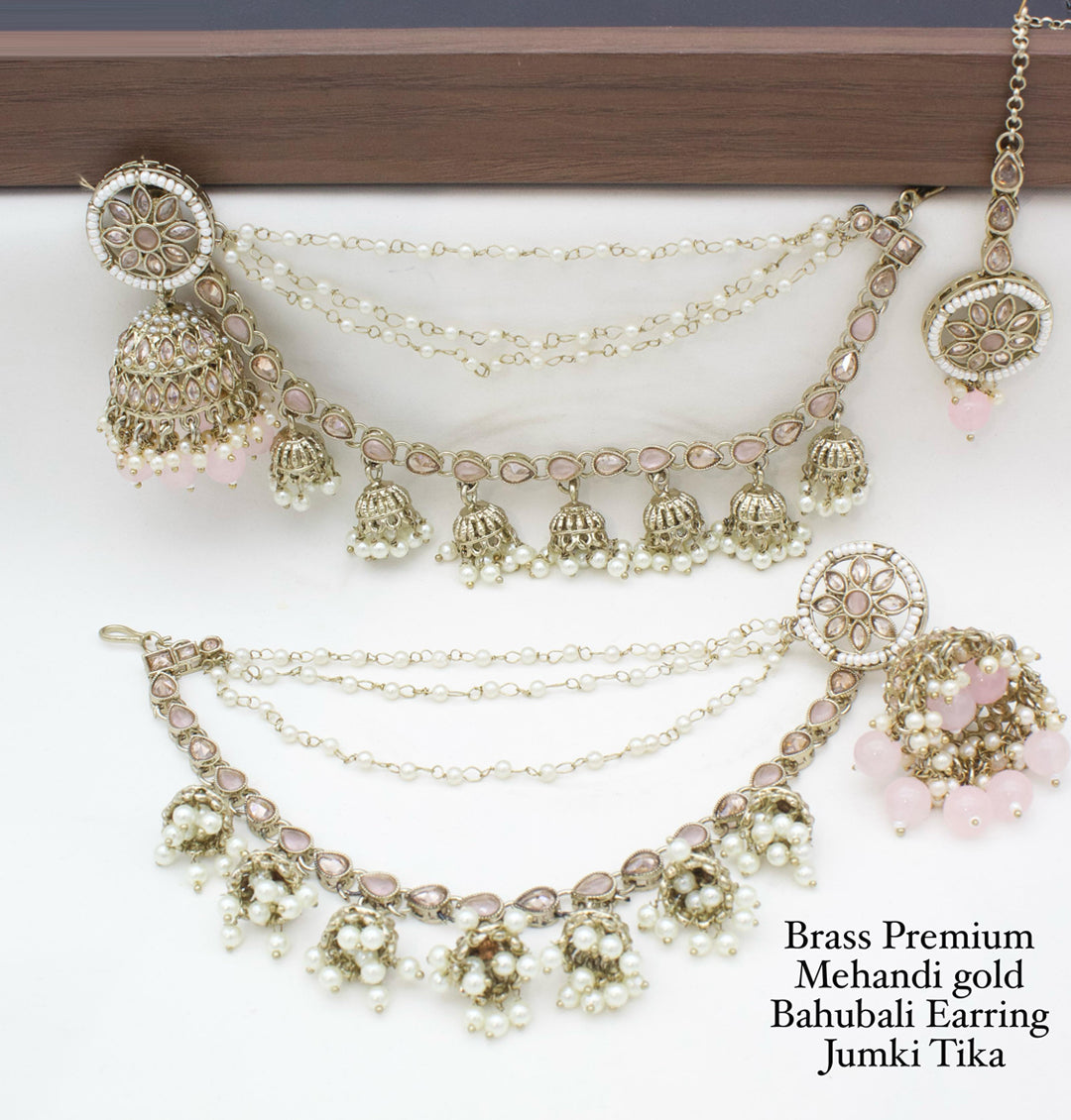 Brass Premium quality Mehandi Gold Bahubali Earring jumki tika set-301145