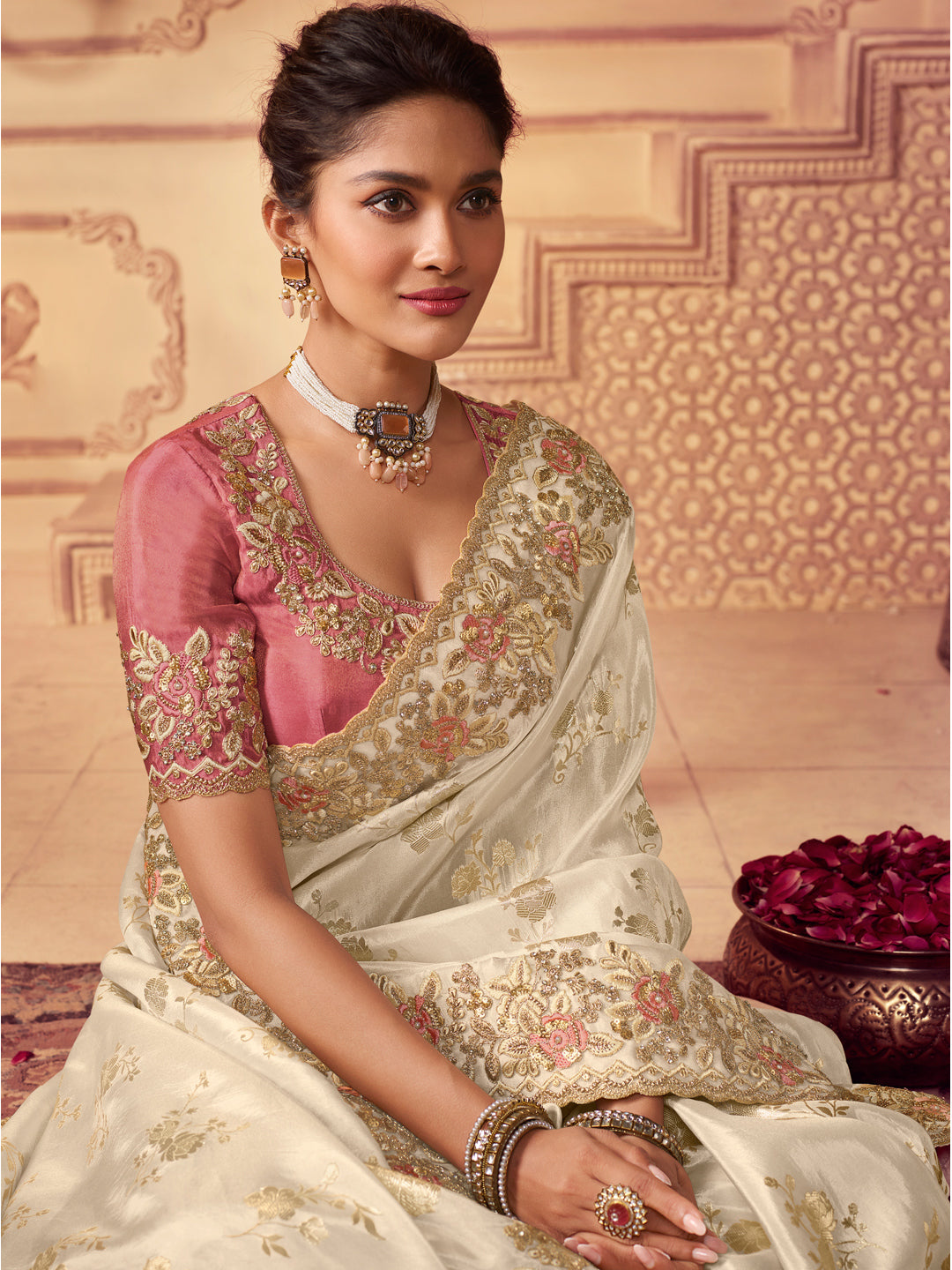 Zari Embroidered Designer Viscose with Golden Smoke Bridal Traditional Saree In Off White-81139