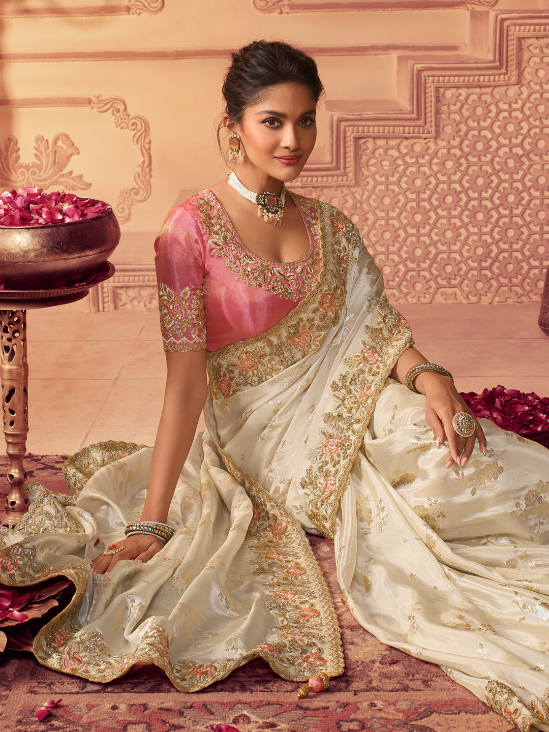 Zari Embroidered Designer Viscose with Golden Smoke Bridal Traditional Saree In Off White-81139