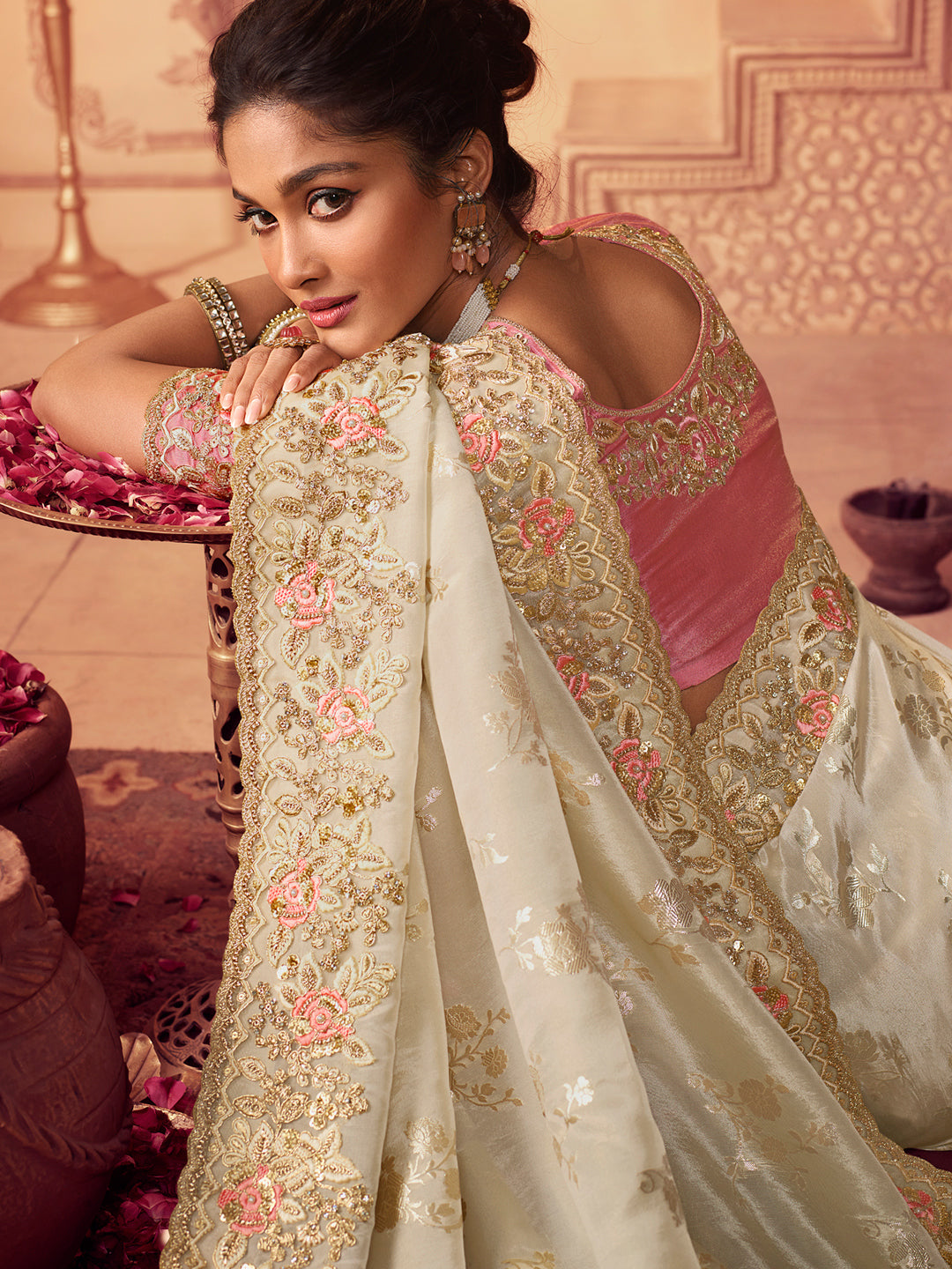 Zari Embroidered Designer Viscose with Golden Smoke Bridal Traditional Saree In Off White-81139