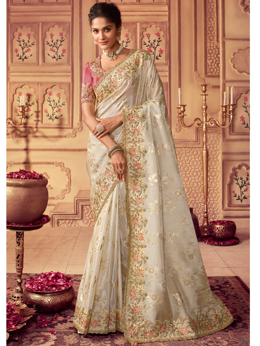 Zari Embroidered Designer Viscose with Golden Smoke Bridal Traditional Saree In Off White-81139