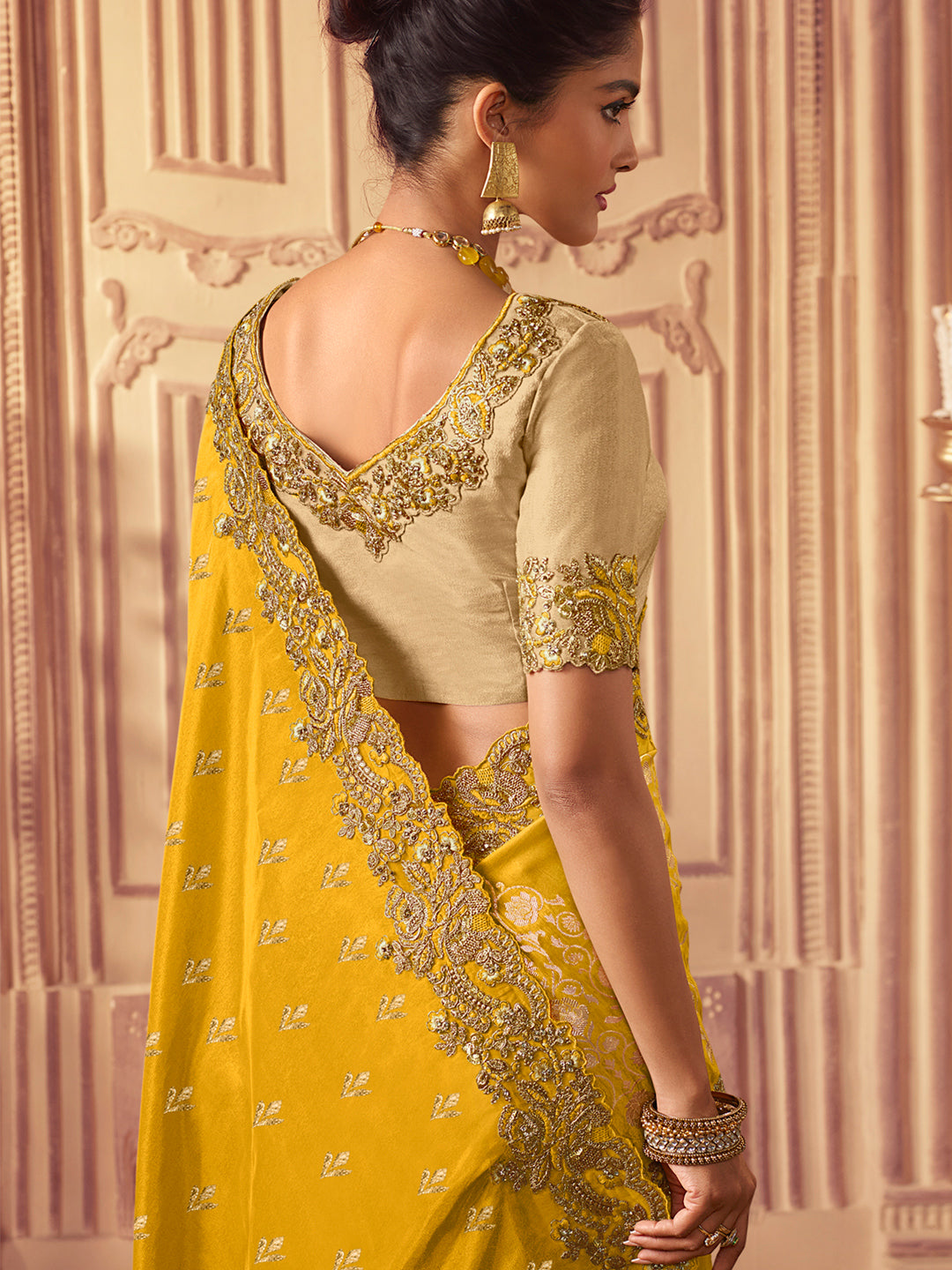 Zari Embroidered Designer Viscose with Golden Smoke Bridal Traditional Saree In Yellow-81140
