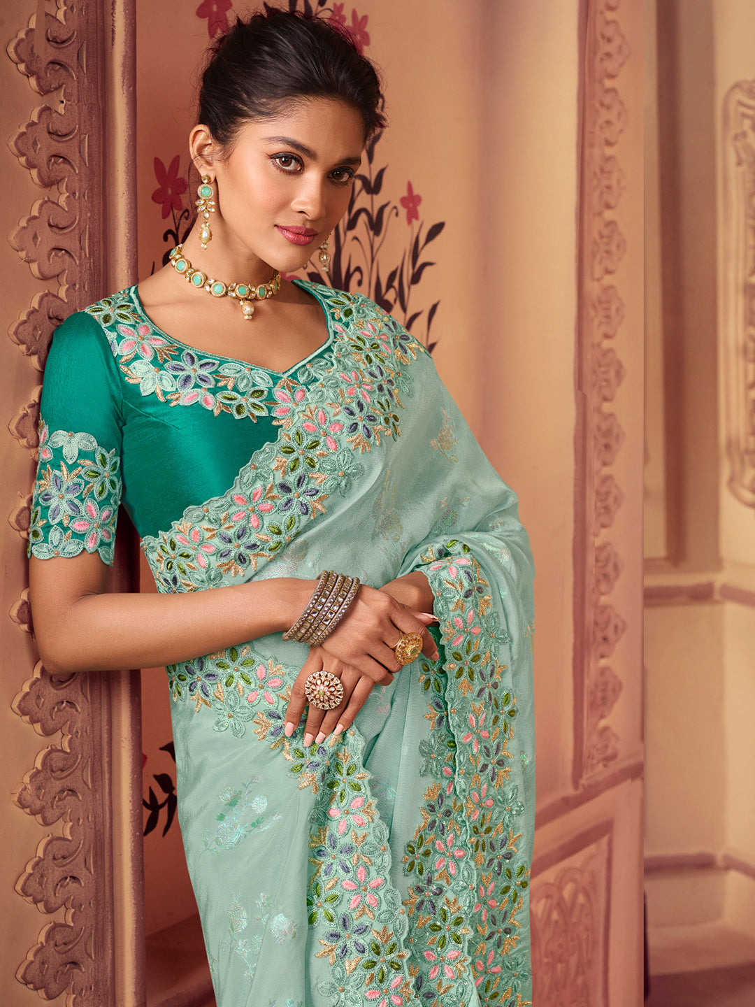 Zari Embroidered Designer Viscose with Golden Smoke Bridal Traditional Saree In Mint Green-81142