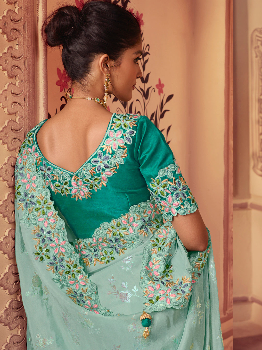 Zari Embroidered Designer Viscose with Golden Smoke Bridal Traditional Saree In Mint Green-81142