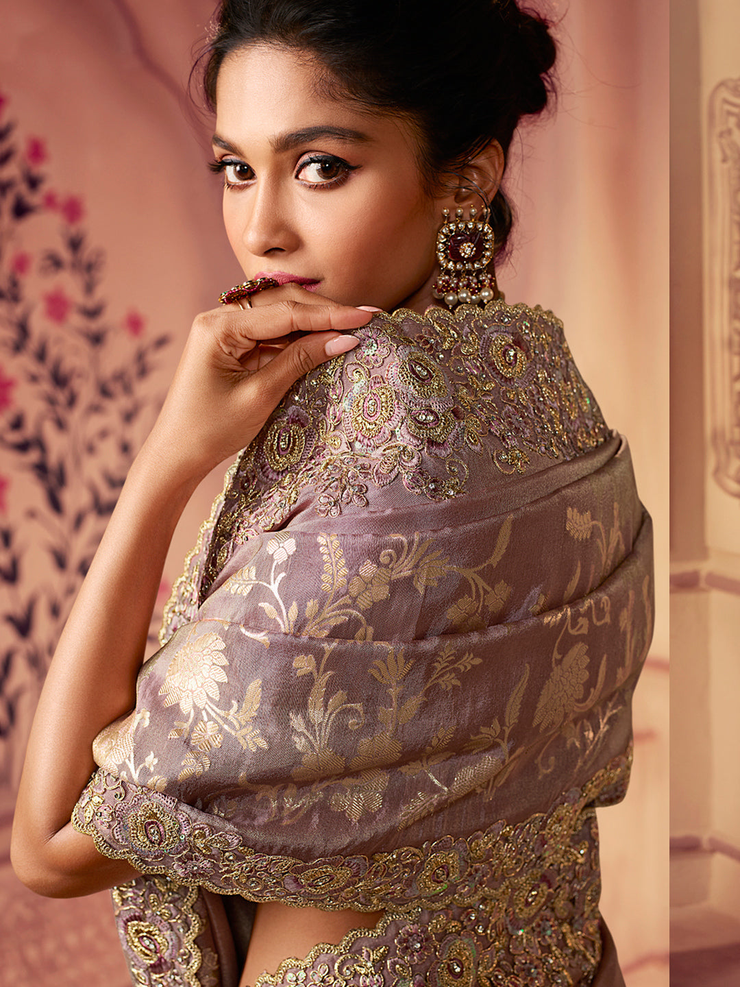 Zari Embroidered Designer Viscose with Golden Smoke Bridal Traditional Saree In Dusty Onion Pink-81143