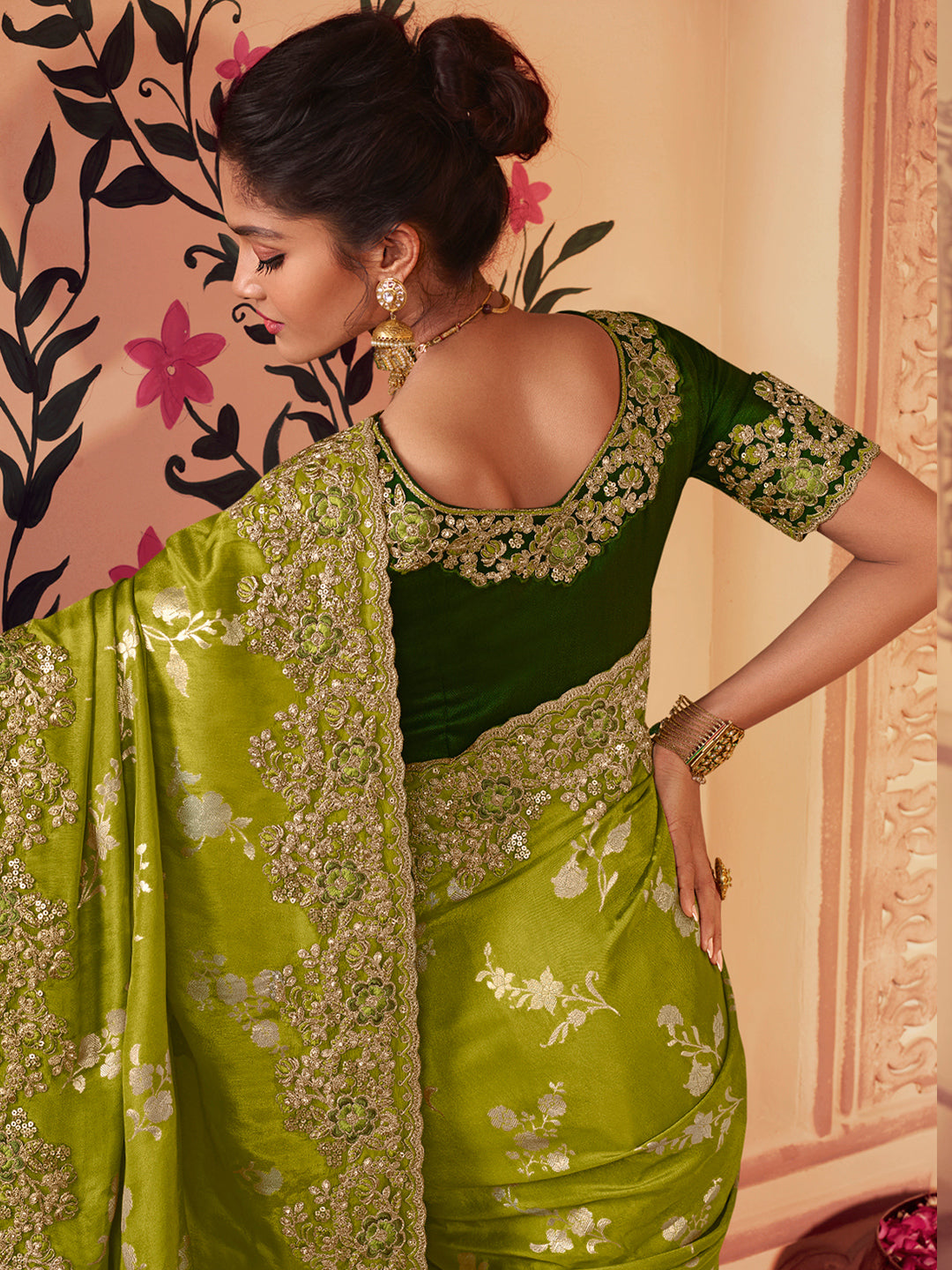 Zari Embroidered Designer Viscose with Golden Smoke Bridal Traditional Saree In Parrot Green-81144