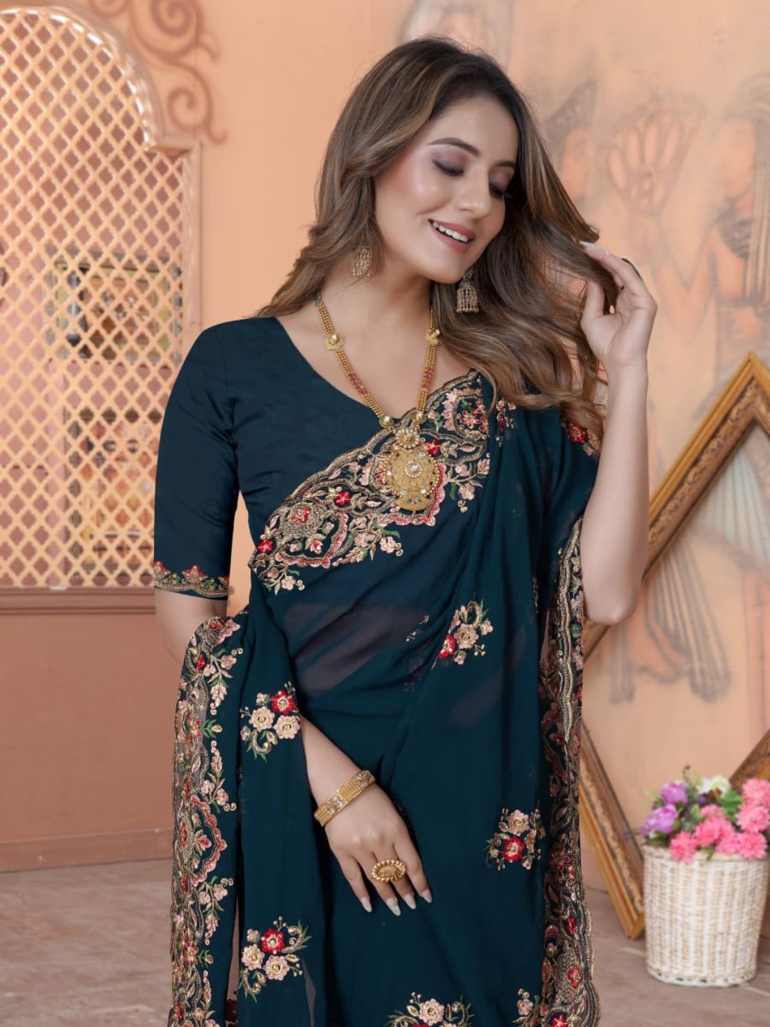 Zari Embroidery Georgette Saree in Blue