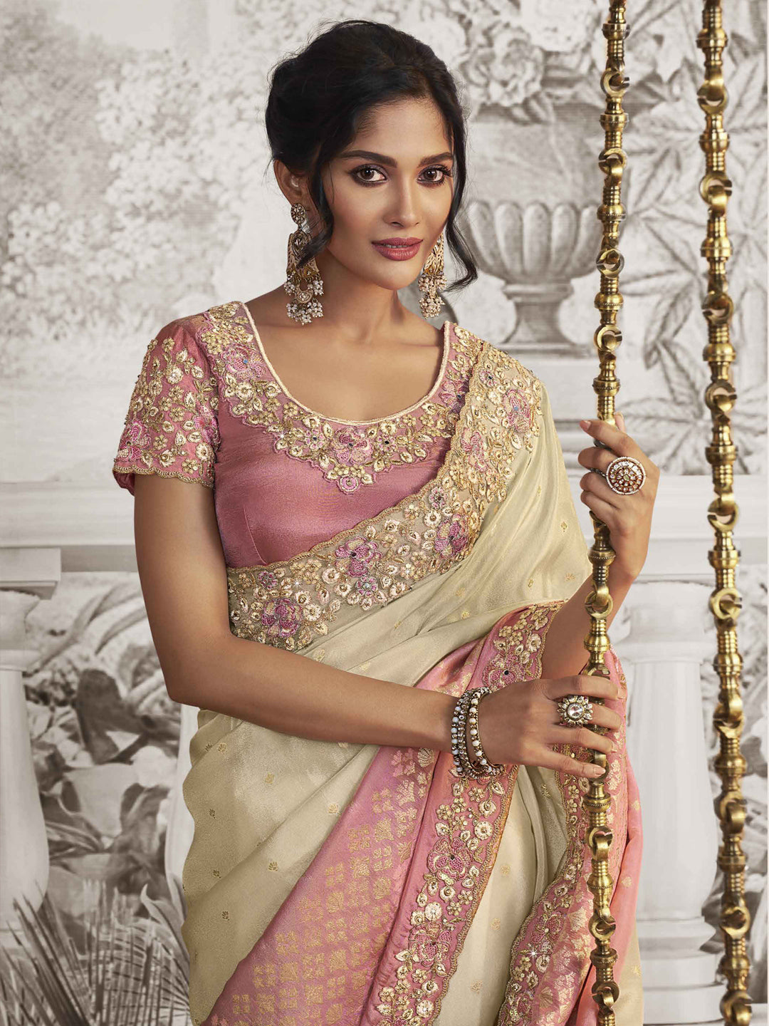 Embroidered Silk Traditional Partywear Saree In Off white Color-81748