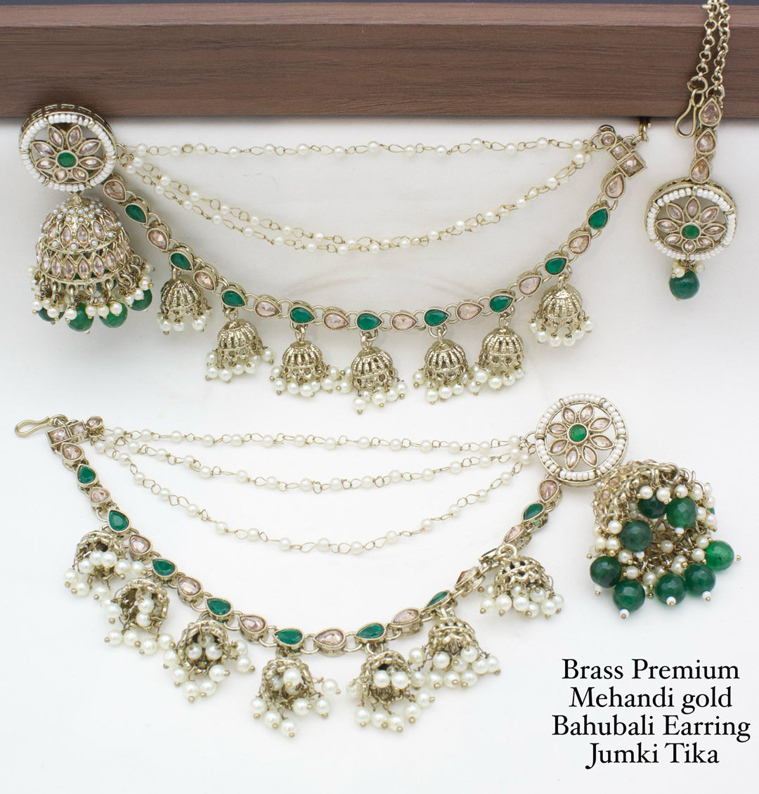 Brass Premium quality Mehandi Gold Bahubali Earring jumki tika set-301146