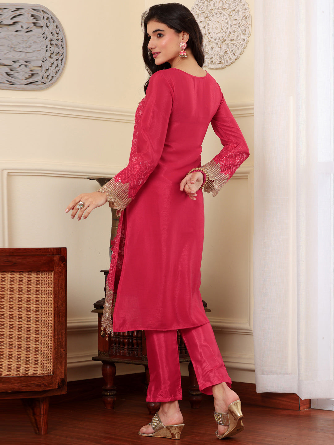 Resham Zari Chinon Silk India Suit in Pink & Dupatta Set-750035