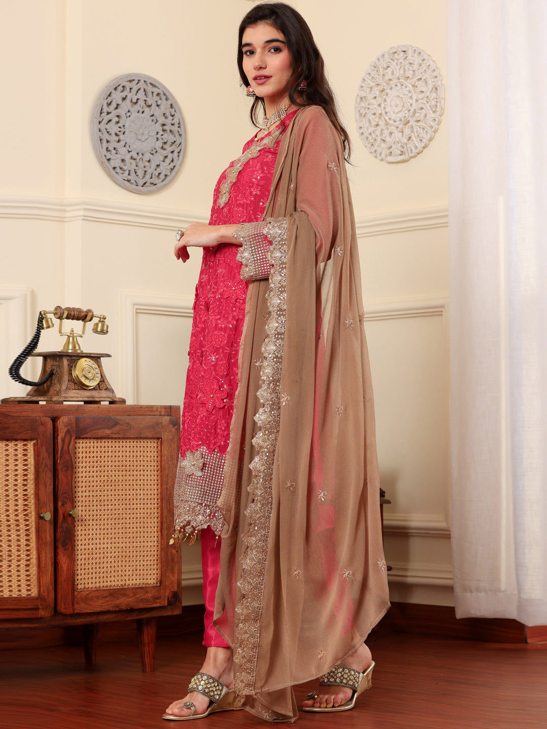 Resham Zari Chinon Silk India Suit in Pink & Dupatta Set-750035