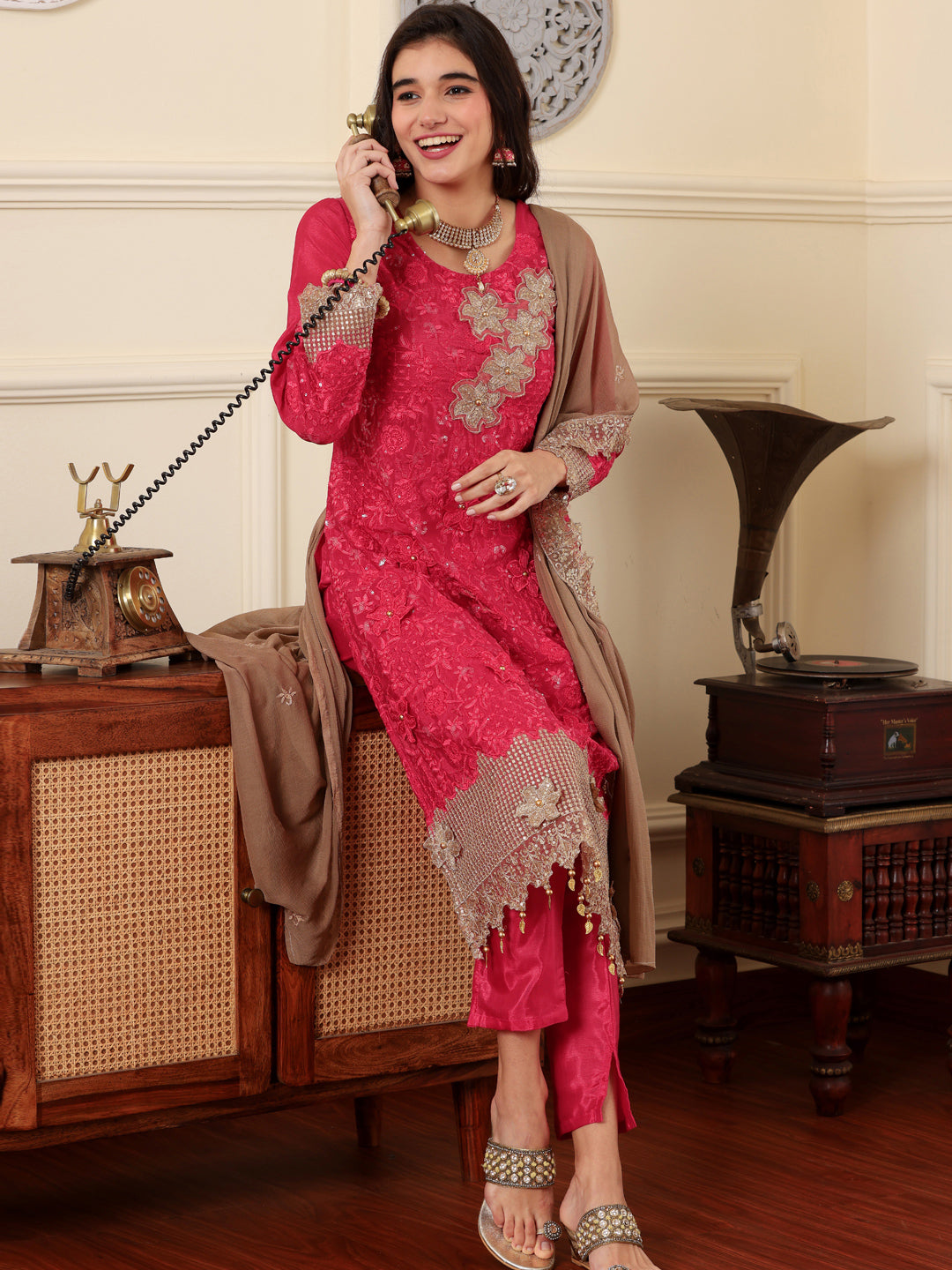 Resham Zari Chinon Silk India Suit in Pink & Dupatta Set-750035