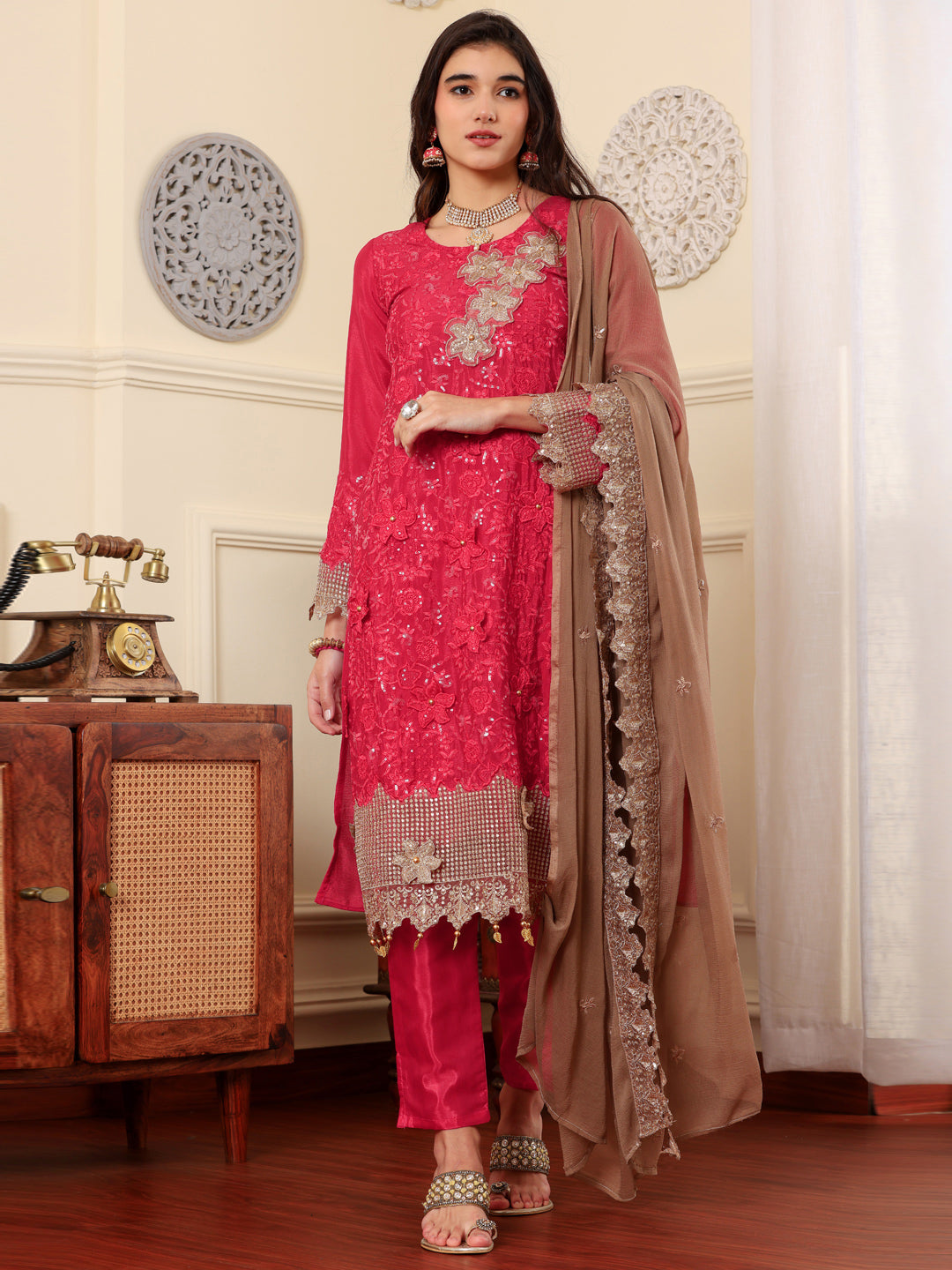 Resham Zari Chinon Silk India Suit in Pink & Dupatta Set-750035