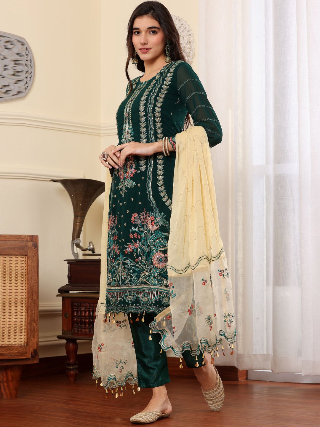 Resham Zari Georgette India Suit in Green & Dupatta Set-750036